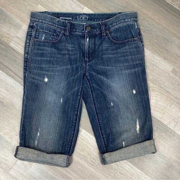 Ann Taylor Loft Boyfriend Jean Shorts Blue 0 Bermuda Distressed - Picture 1 of 8